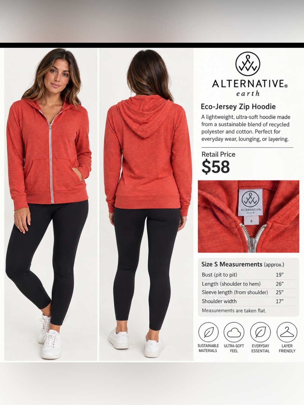Alternative Earth Women's Eco-Jersey Zip Hoodie - Rust, Size S